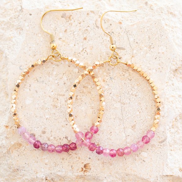 Pink Tourmaline Sparkly Gold Beaded Earring Gemstone Dangle Hoop Earrings